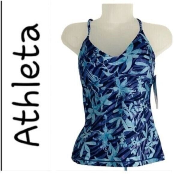 Athleta Womens A-C Triangle Tankini Top Swim Tank XS Floral Blue Beachy - Picture 1 of 12